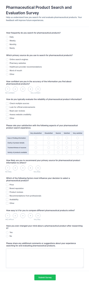 Pharmaceutical Product Search And Evaluation Survey Form Template