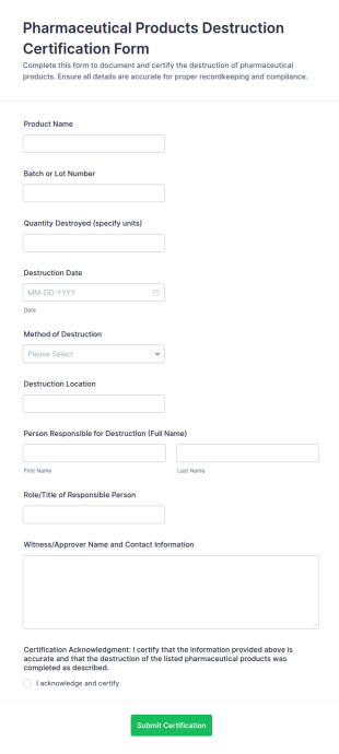Pharmaceutical Products Destruction Certification Form Template