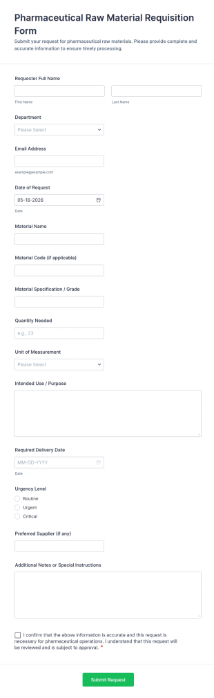 Pharmaceutical Raw Material Requisition Form Template