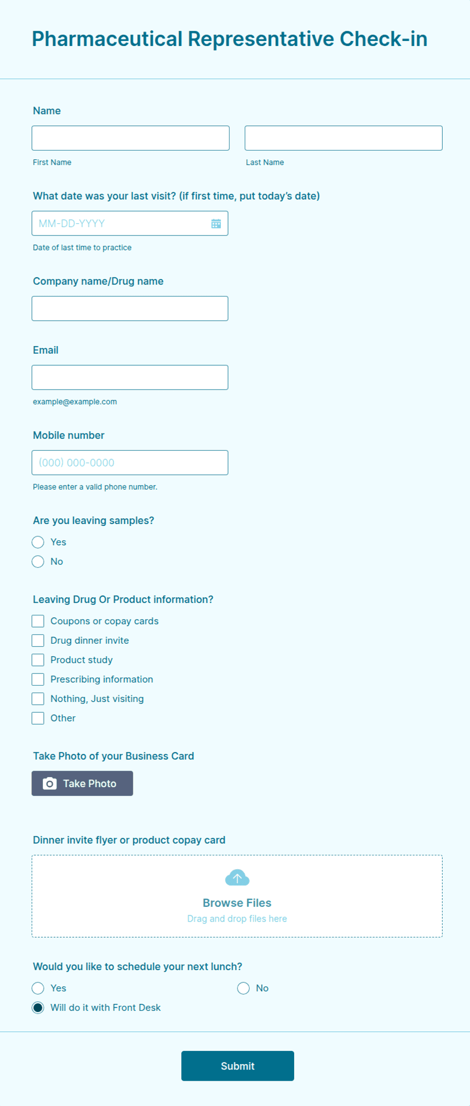 Pharmaceutical Representative Check in Form Template | Jotform