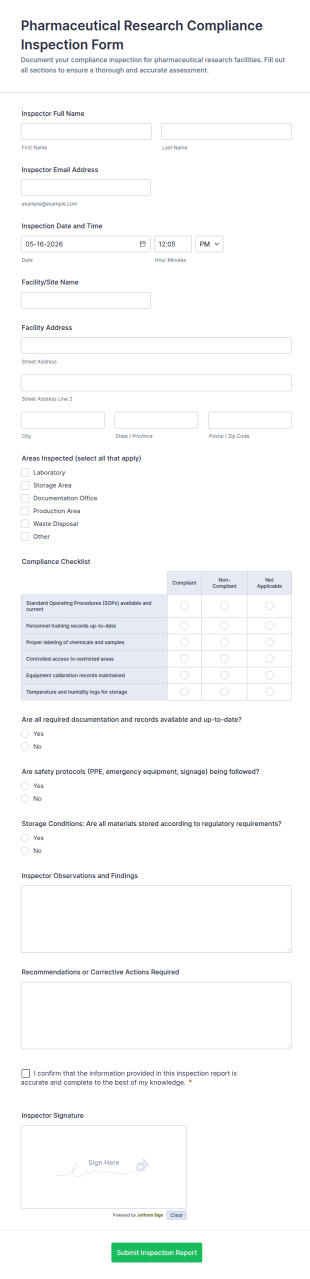 Pharmaceutical Research Compliance Inspection Form Template