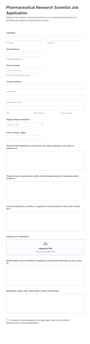 Pharmaceutical Research Scientist Job Application Form Template