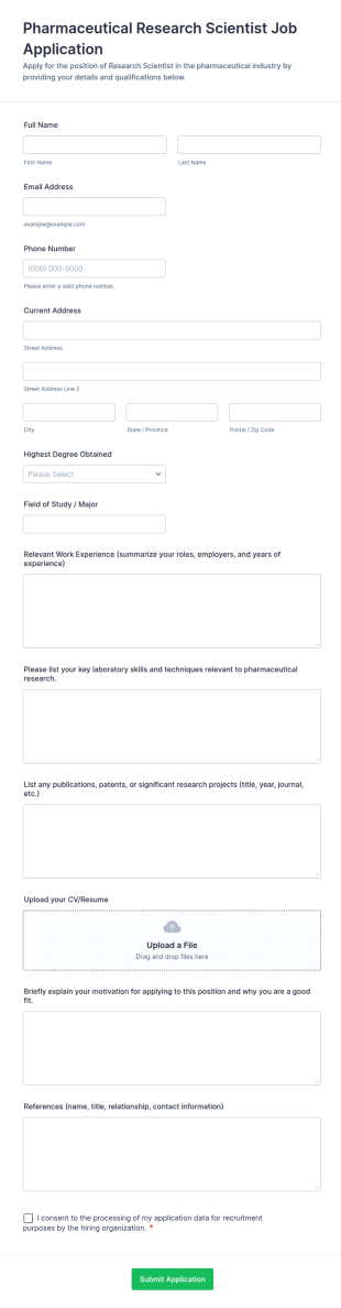 Pharmaceutical Research Scientist Job Application Form Template
