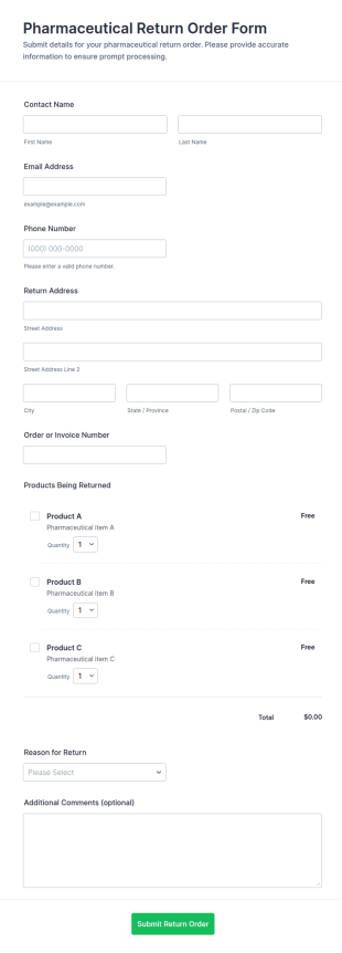Pharmaceutical Return Order Form Template