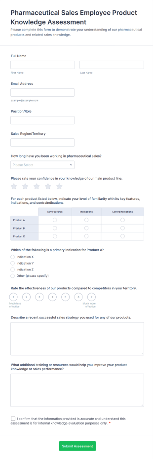 Pharmaceutical Sales Employee Product Knowledge Assessment Form Template