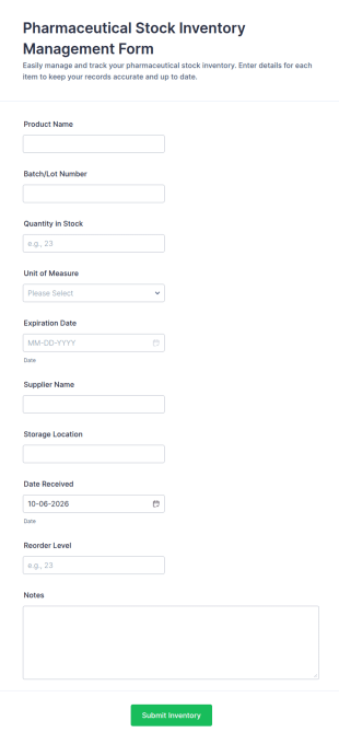 Pharmaceutical Stock Inventory Management Form Template