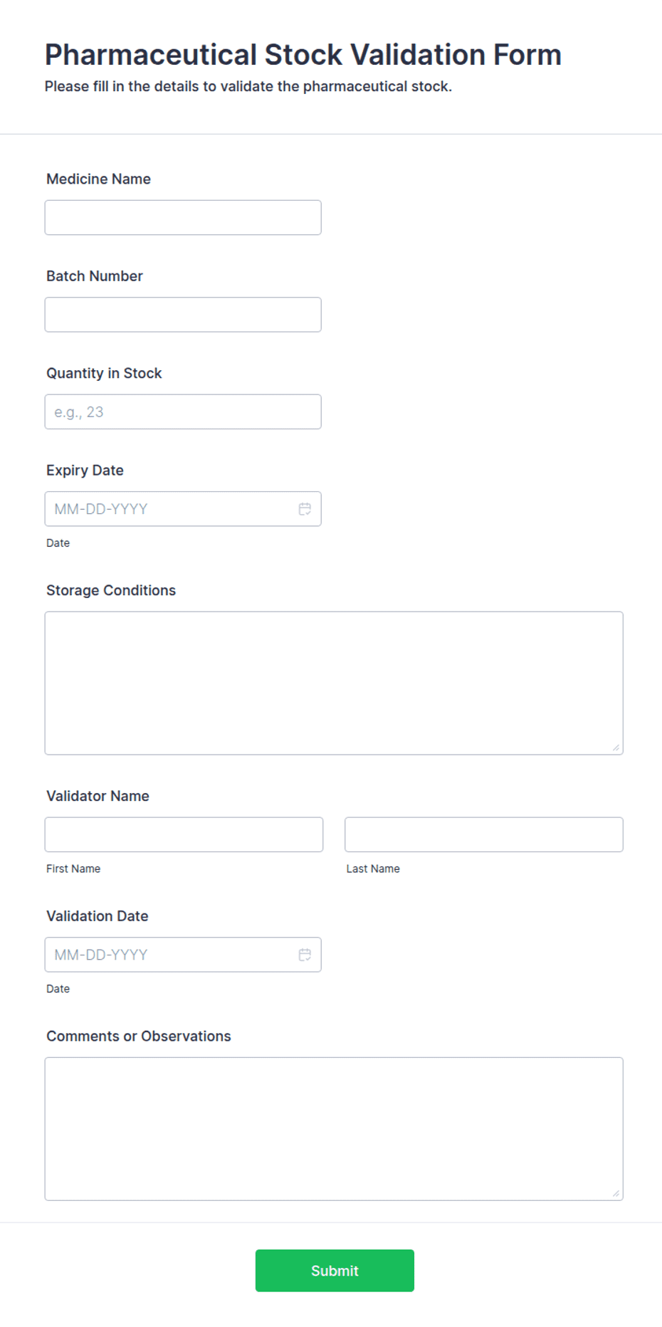 Pharmaceutical Stock Validation Form Template | Jotform