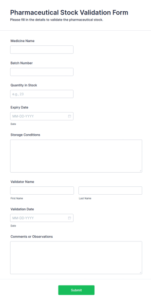 Pharmaceutical Stock Validation Form Template