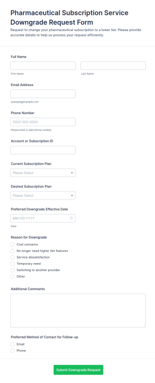 Pharmaceutical Subscription Service Downgrade Request Form Template