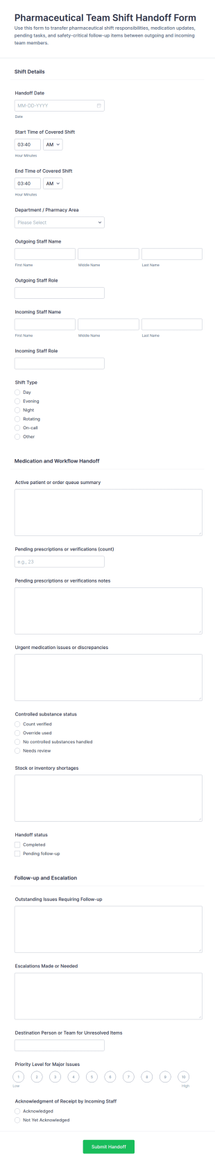 Pharmaceutical Team Shift Handoff Form Template