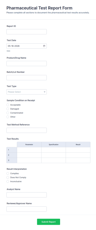 Pharmaceutical Test Report Form Template