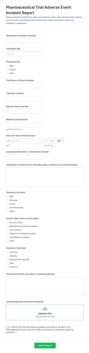 Pharmaceutical Trial Adverse Event Incident Report Form Template