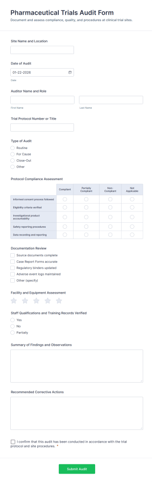 Pharmaceutical Trials Audit Form Template
