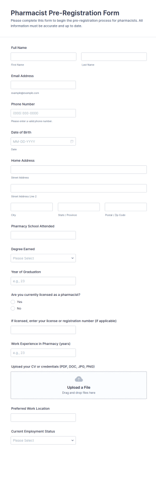 Pharmacist Pre Registration Form Template