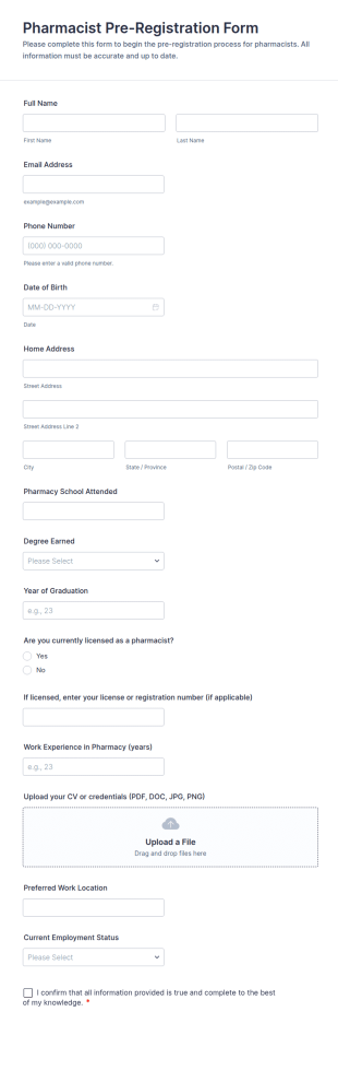 Pharmacist Pre Registration Form Template