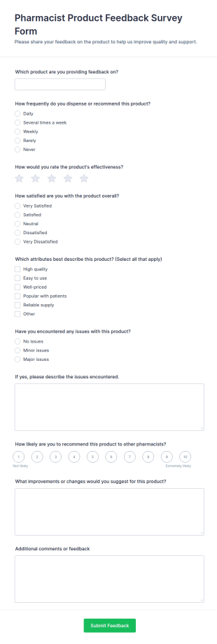 Pharmacist Product Feedback Survey Form Template