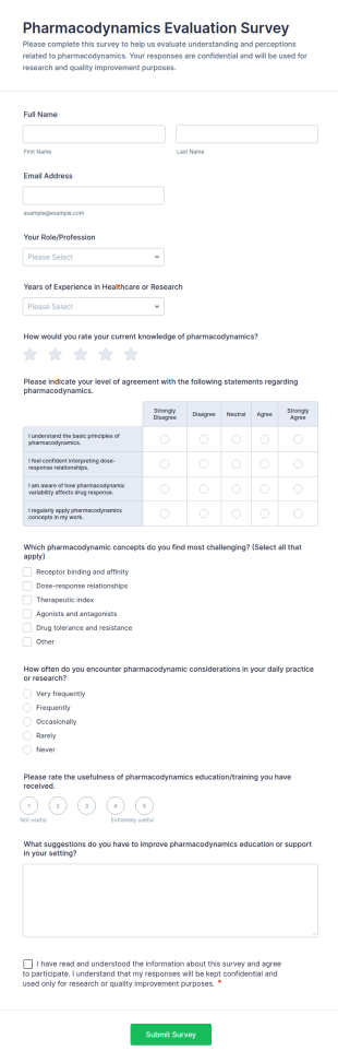 Pharmacodynamics Evaluation Survey Form Template