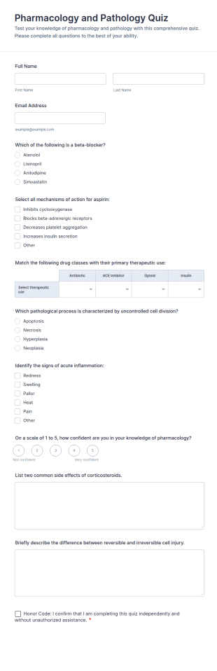 Pharmacology And Pathology Quiz Form Template