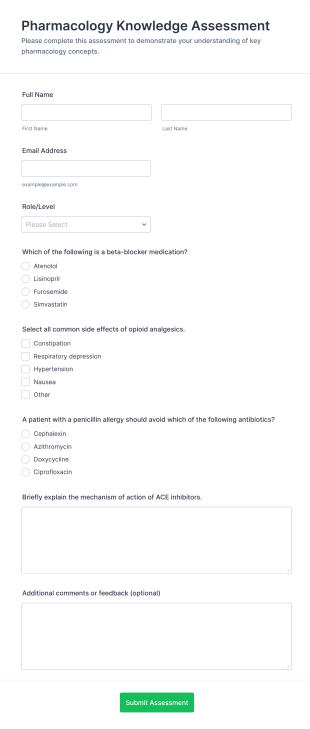Pharmacology Knowledge Assessment Form Template