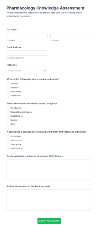 Pharmacology Knowledge Assessment Form Template
