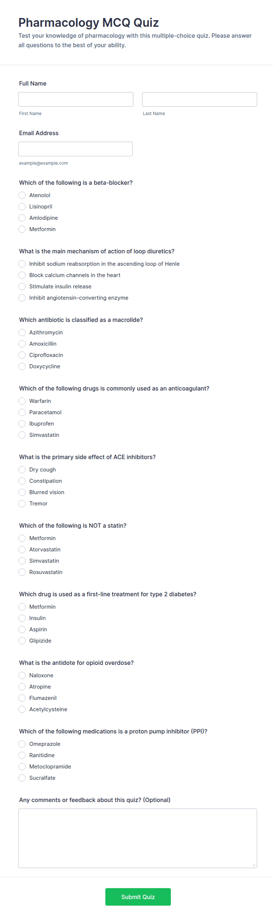 Pharmacology MCQ Quiz Form Template | Jotform