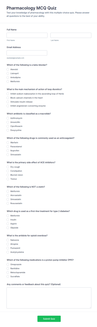 Pharmacology MCQ Quiz Form Template