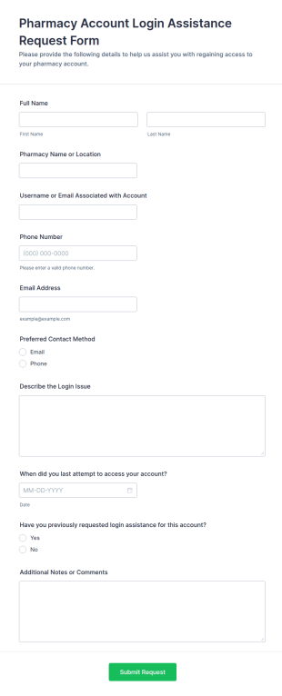 Pharmacy Account Login Assistance Request Form Template