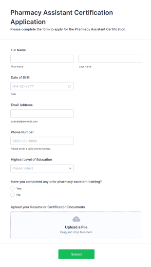 Pharmacy Assistant Certification Application Form Template