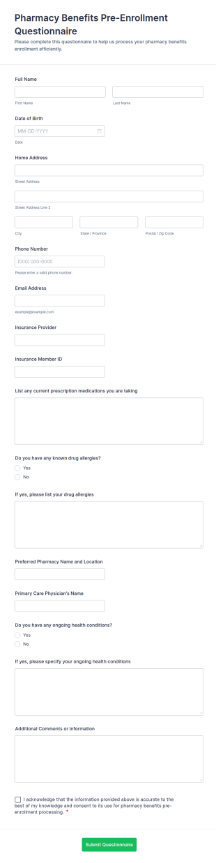 Pharmacy Benefits Pre Enrollment Questionnaire Form Template