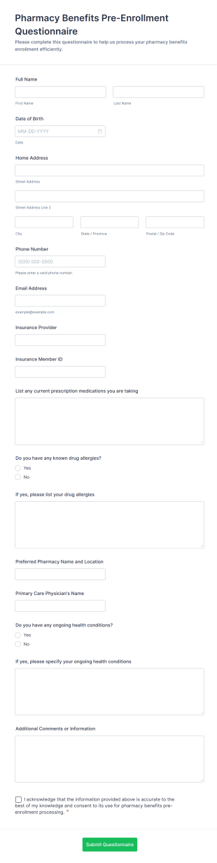 Pharmacy Benefits Pre Enrollment Questionnaire Form Template