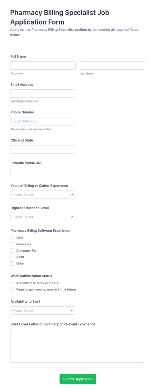 Pharmacy Billing Specialist Job Application Form Template