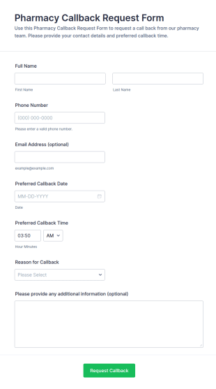Pharmacy Callback Request Form Template
