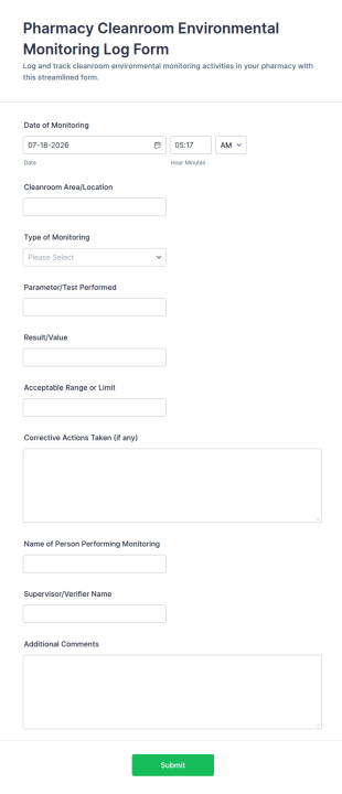 Pharmacy Cleanroom Environmental Monitoring Log Form Template