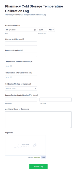 Pharmacy Cold Storage Temperature Calibration Log Form Template