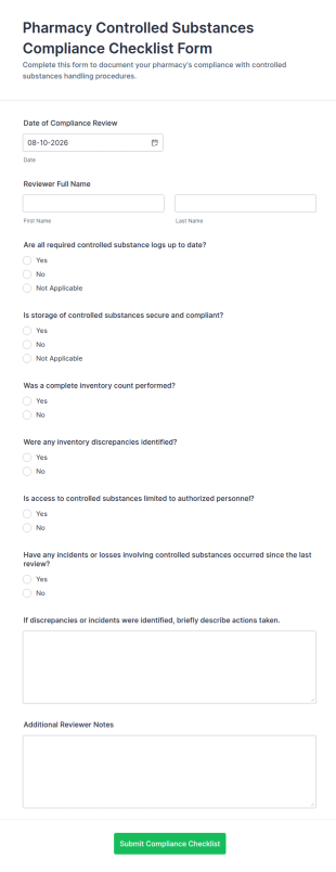 Pharmacy Controlled Substances Compliance Checklist Form Template