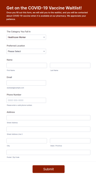 Pharmacy COVID 19 Waitlist Form Template