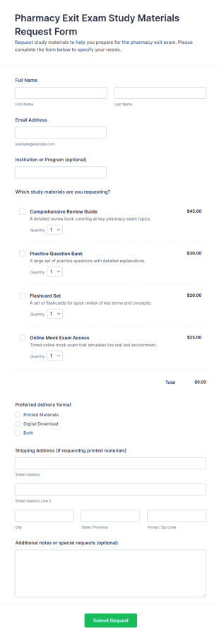 Pharmacy Exit Exam Study Materials Request Form Template