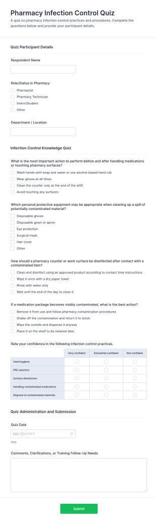 Pharmacy Infection Control Quiz Form Template