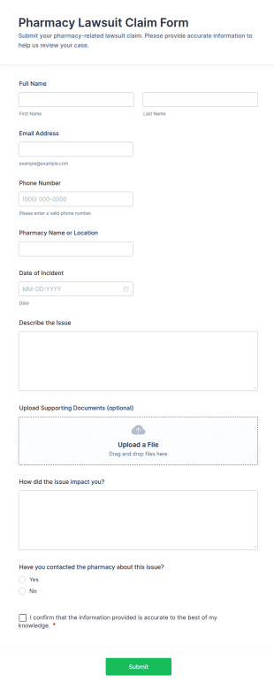 Pharmacy Lawsuit Claim Form Template