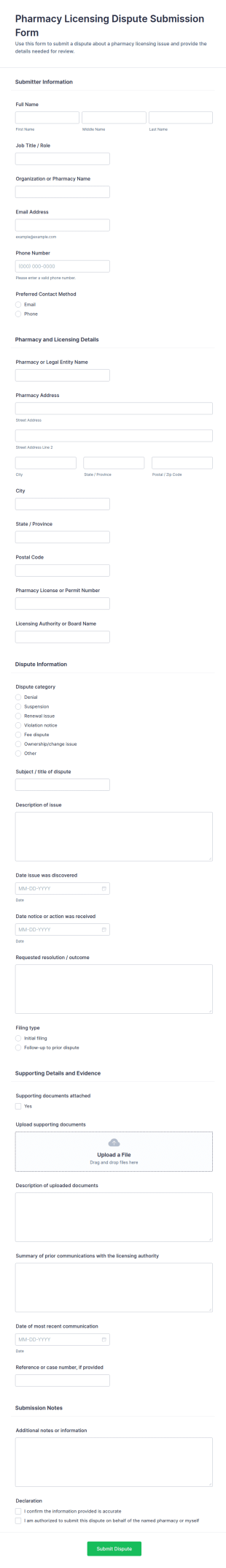 Pharmacy Licensing Dispute Submission Form Template