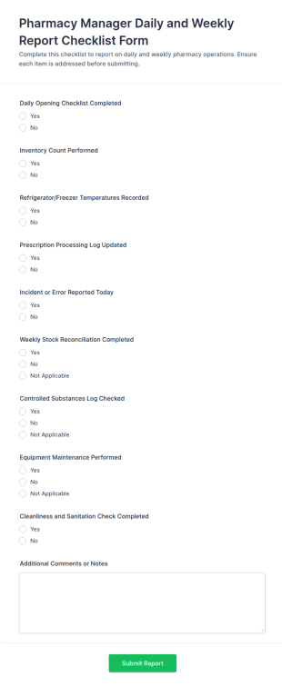 Pharmacy Manager Daily And Weekly Report Checklist Form Template