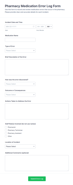 Pharmacy Medication Error Log Form Template