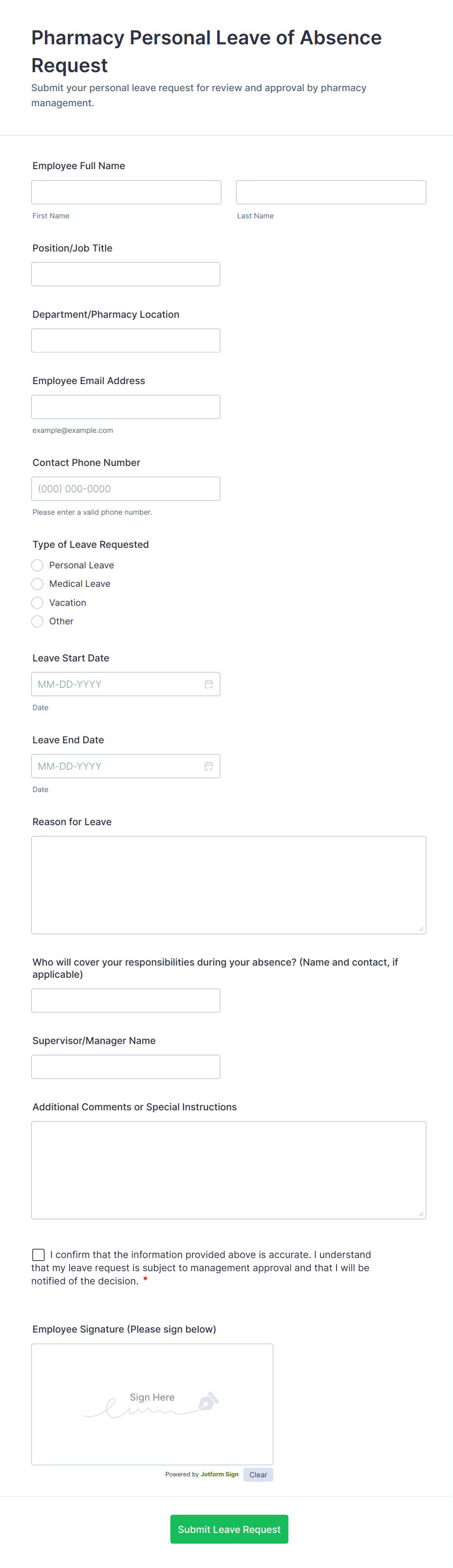 Pharmacy Personal Leave of Absence Request Form Template | Jotform