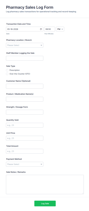 Pharmacy Sales Log Form Template