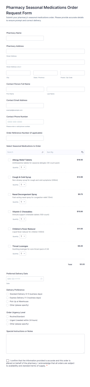 Pharmacy Seasonal Medications Order Request Form Template
