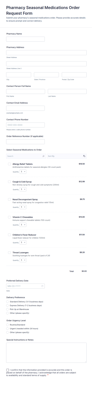 Pharmacy Seasonal Medications Order Request Form Template