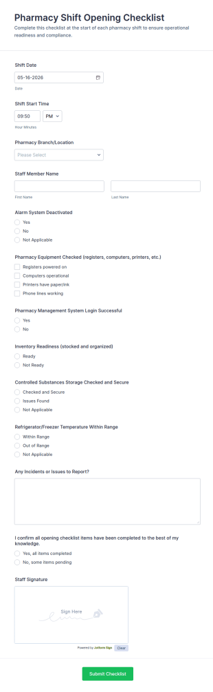 Pharmacy Shift Opening Checklist Form Template