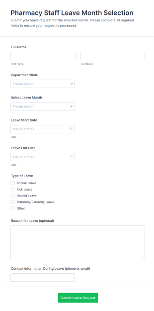 Pharmacy Staff Leave Month Selection Form Template