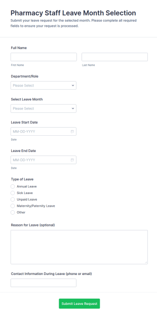 Pharmacy Staff Leave Month Selection Form Template