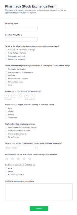 Pharmacy Stock Exchange Survey Form Template